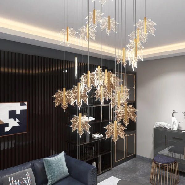Contemporary Drummondii LED Staircase Chandelier by Luminate Living, inspired by the elegance of maple leaves, ideal for duplex building halls. Combines Nordic artistry with modern design and advanced LED technology to create an inviting ambiance.