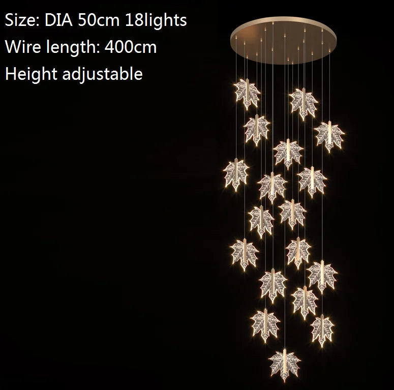 Contemporary Drummondii LED Staircase Chandelier by Luminate Living, inspired by the elegance of maple leaves, ideal for duplex building halls. Combines Nordic artistry with modern design and advanced LED technology to create an inviting ambiance.