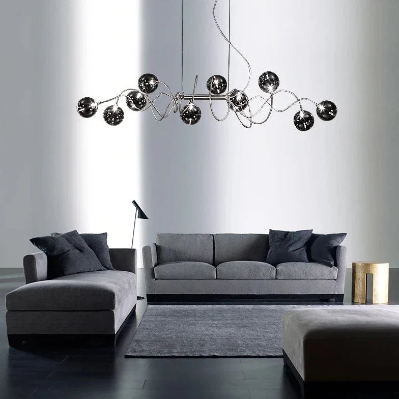 Atom LED Chandelier by Luminate Living - Nordic Elegance with Smoky Gray and Clear Glass Shades for Dining Room, Kitchen Island, Bar, and Coffee Shop Lighting