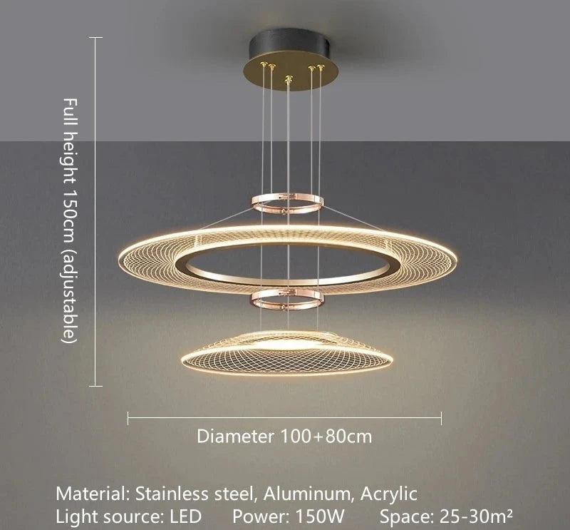 Dröme modern LED chandelier with sculptural acrylic rings and soft ambient glow, Nordic-style ceiling light ideal for living rooms, bedrooms, stairwells, and hotel lobbies.
