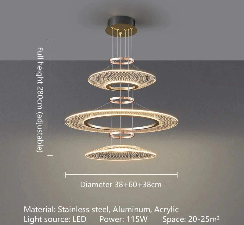 Dröme modern LED chandelier with sculptural acrylic rings and soft ambient glow, Nordic-style ceiling light ideal for living rooms, bedrooms, stairwells, and hotel lobbies.