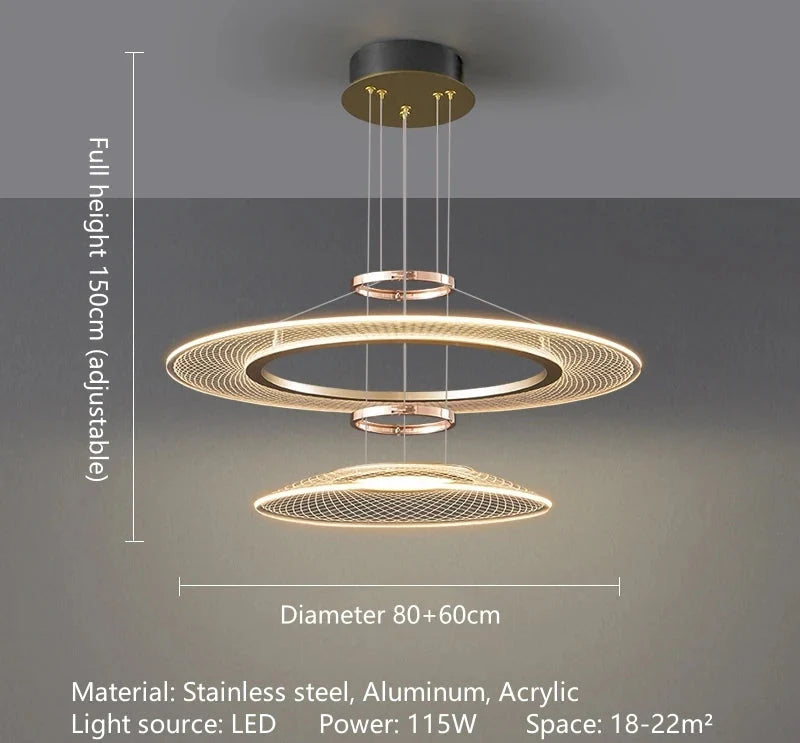 Dröme modern LED chandelier with sculptural acrylic rings and soft ambient glow, Nordic-style ceiling light ideal for living rooms, bedrooms, stairwells, and hotel lobbies.
