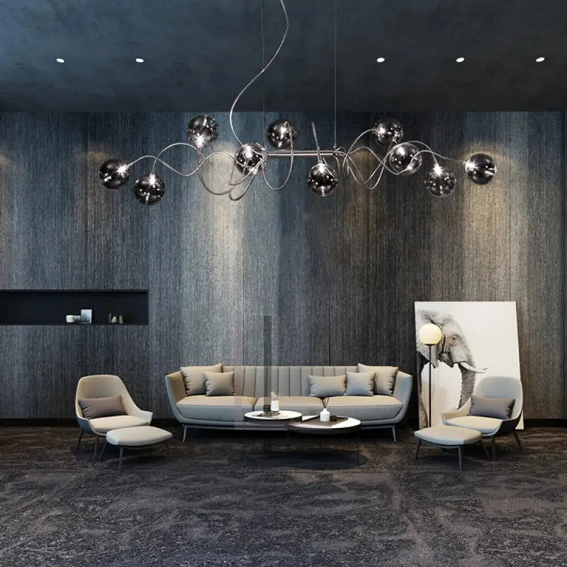 Atom LED Chandelier by Luminate Living - Nordic Elegance with Smoky Gray and Clear Glass Shades for Dining Room, Kitchen Island, Bar, and Coffee Shop Lighting