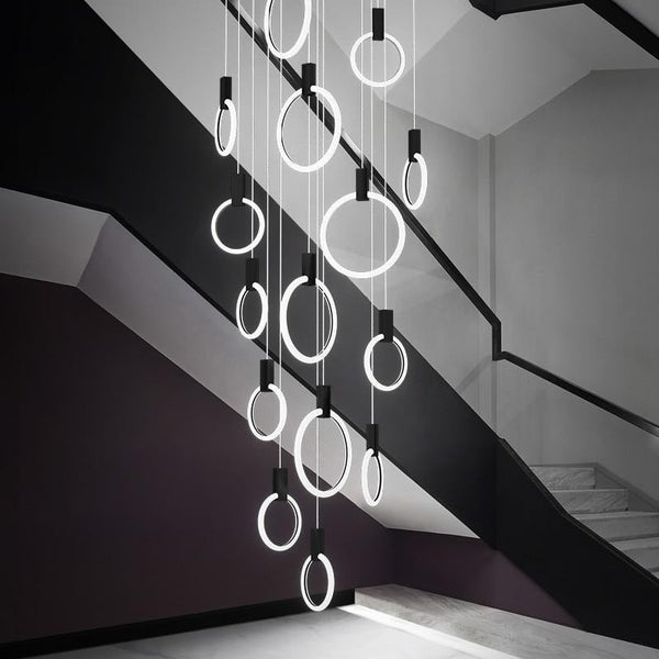 Lights of Scandinavia - Halo (alu) - Modern hanging stair LED chandelier. Perfect for creating a mood in any corner or in a stair. Aluminum/acrylic rings. Specifications Light Source LED Bulbs Base Type 2G11 Is Bulbs Included Dimmable Switch Type Power Source AC, 110-240V Lighting Area Coverage Installation Type Semiflush Mount Body Material Aluminum, Acrylic Warranty 2 years Certification CCC, CE, CQC, FCC, GS, LVD, PSE, ROHS, SAA, UL